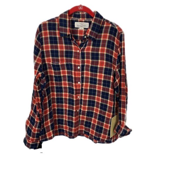 Birds of Paradis Beth Safari Shirt Plaid Button Down Red Navy Cotton– Size L NWT - Picture 3 of 12